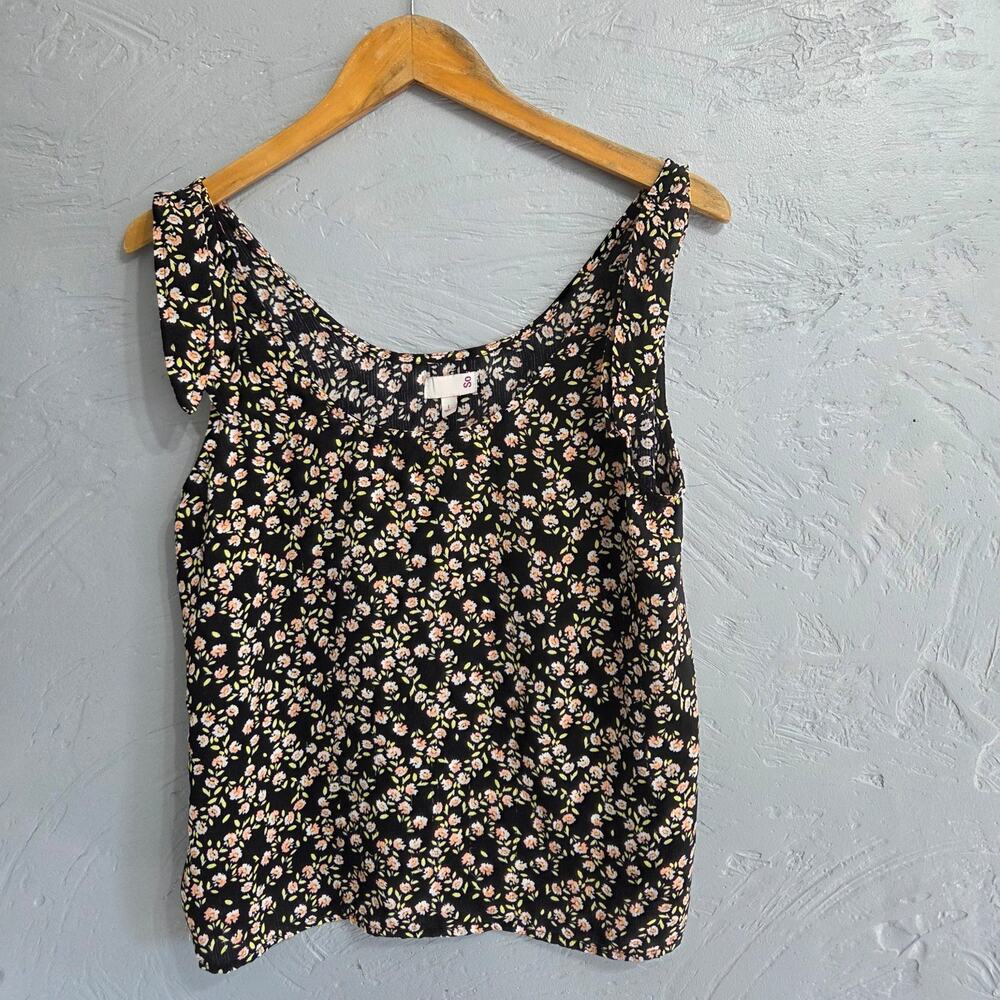 So black flowered tank top with Tie shoulder straps womans size L